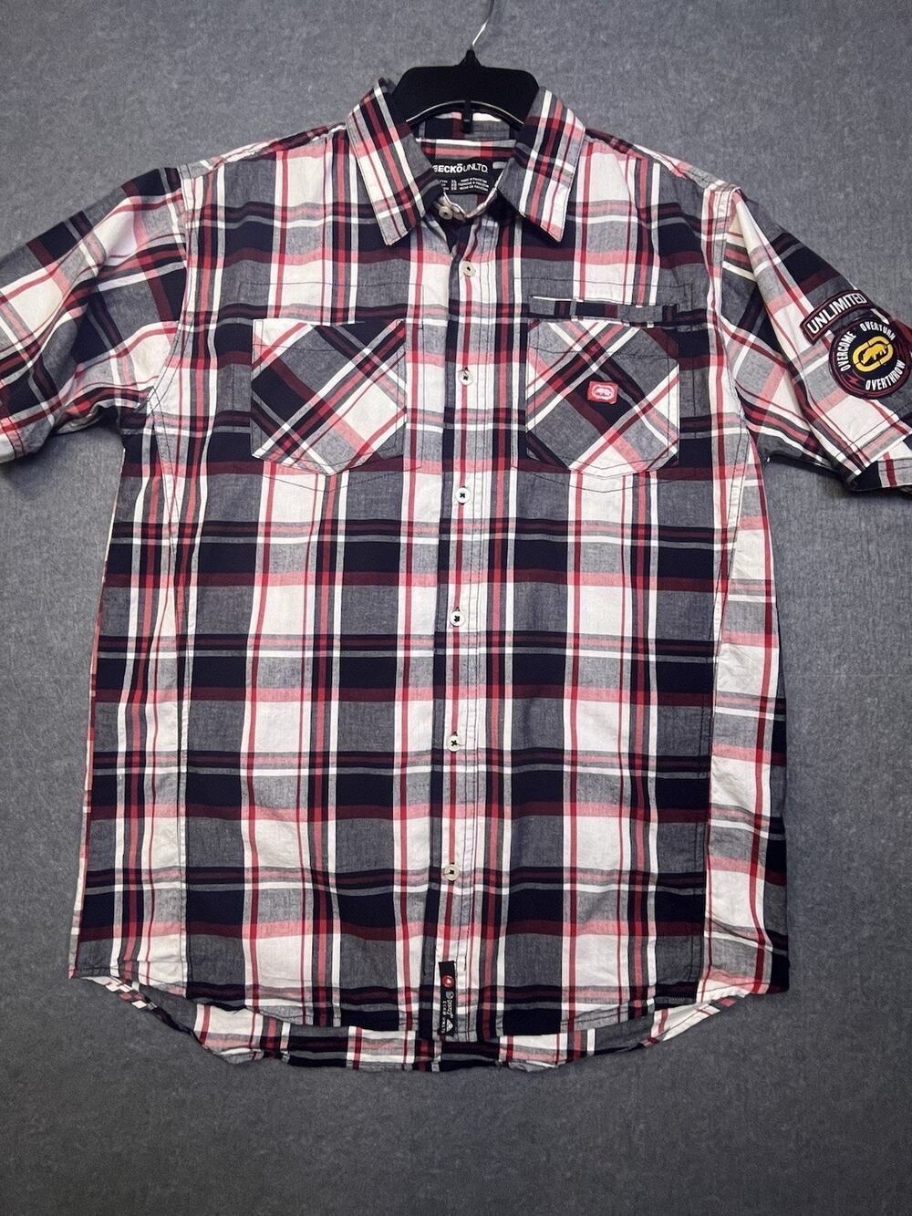 PERFECT Ecko Unltd Mens XL Plaid Shirt Embroidered Patches Rhino Y2K Style